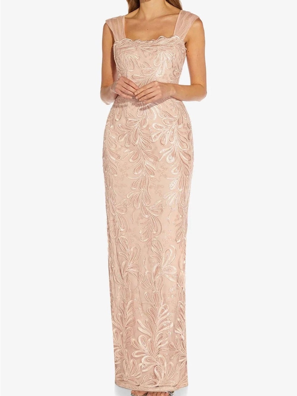 Adrianna Papell Blush Pink Lace Beaded Maxi Gown